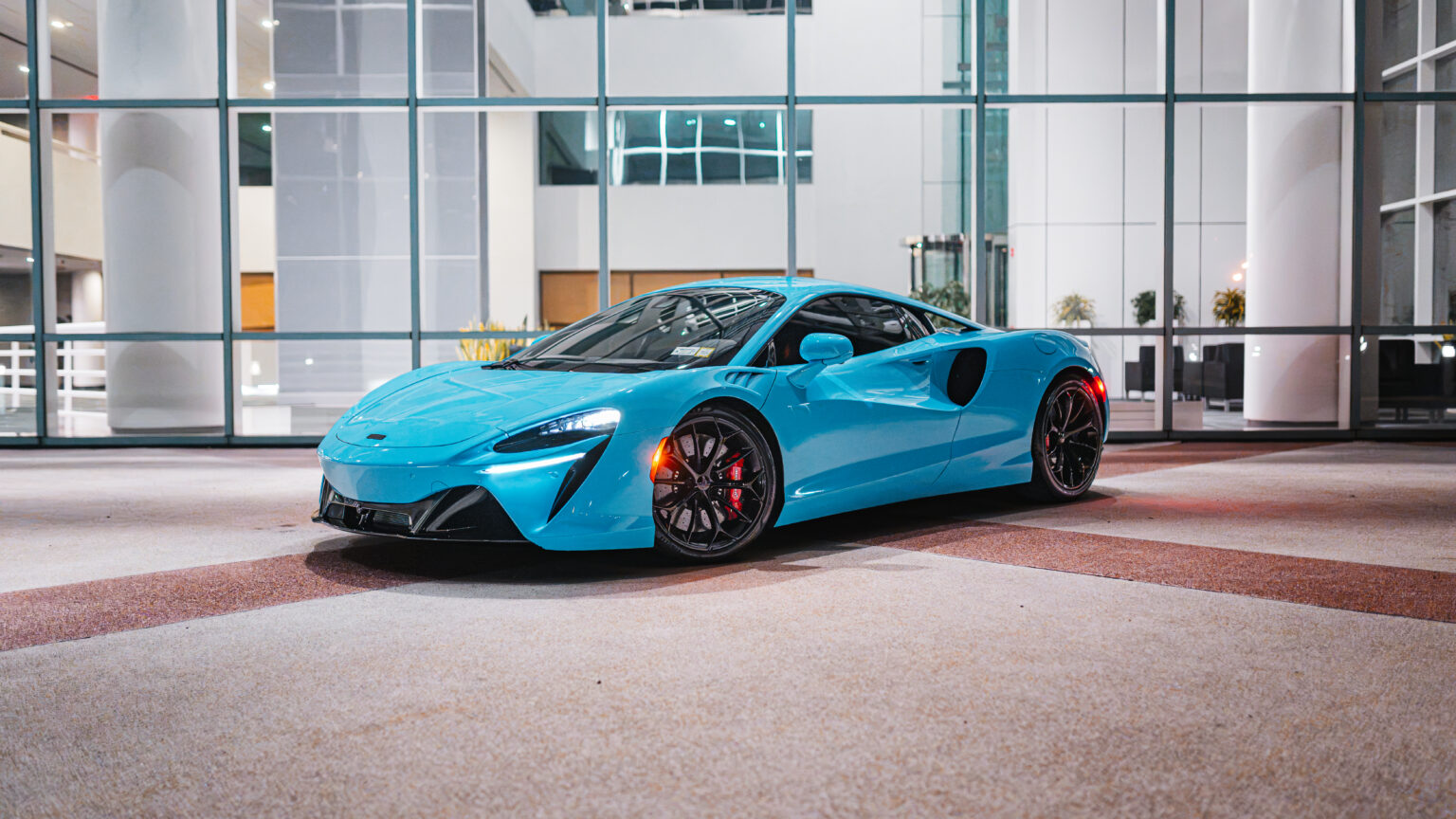 Blue McLaren Artura Coupe photographed at Monarq Motors