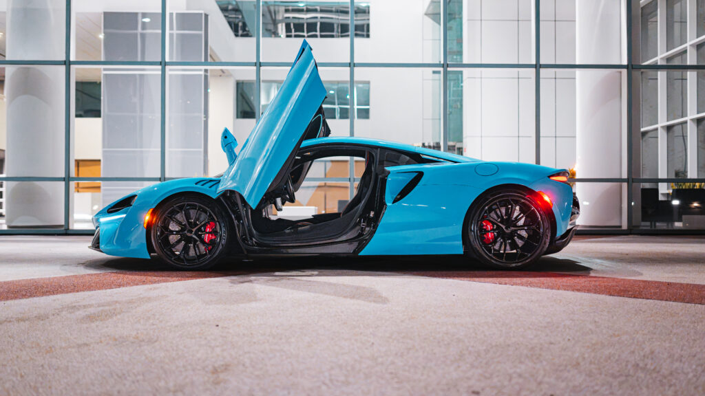 Rear view of the McLaren Artura Coupe rental from Monarq Motors