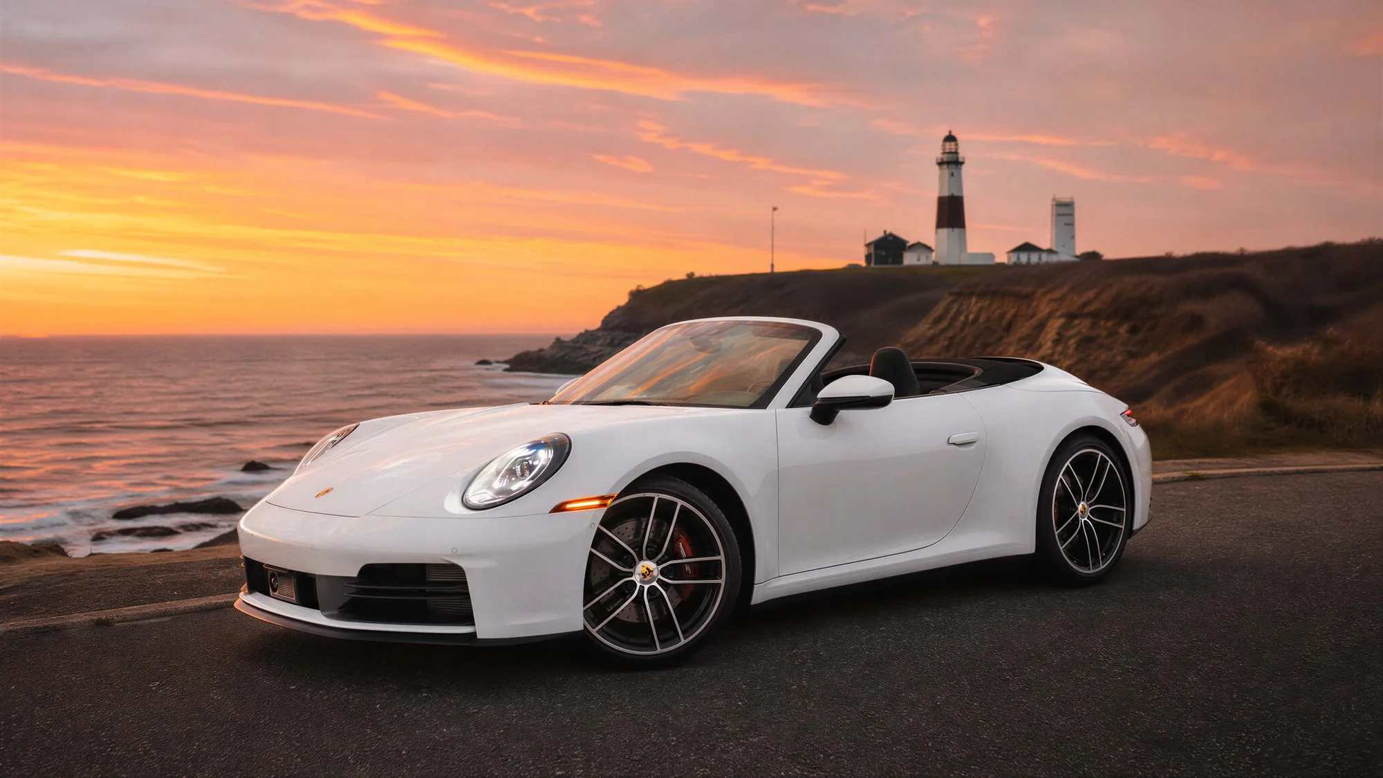 White Porsche 911 Carrera Cabriolet on a coastal road near a lighthouse